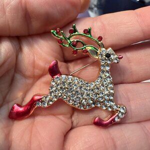 Reindeer Brooch Silver Rhinestone Holiday Pin Red Green Enamel